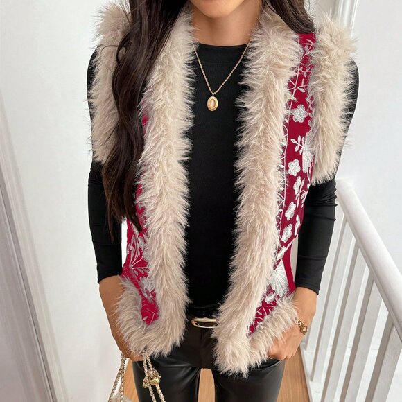 Burgundy Casual Women's Floral Patchwork Furry Vest Padded Padded Coat - Picture 5 of 5